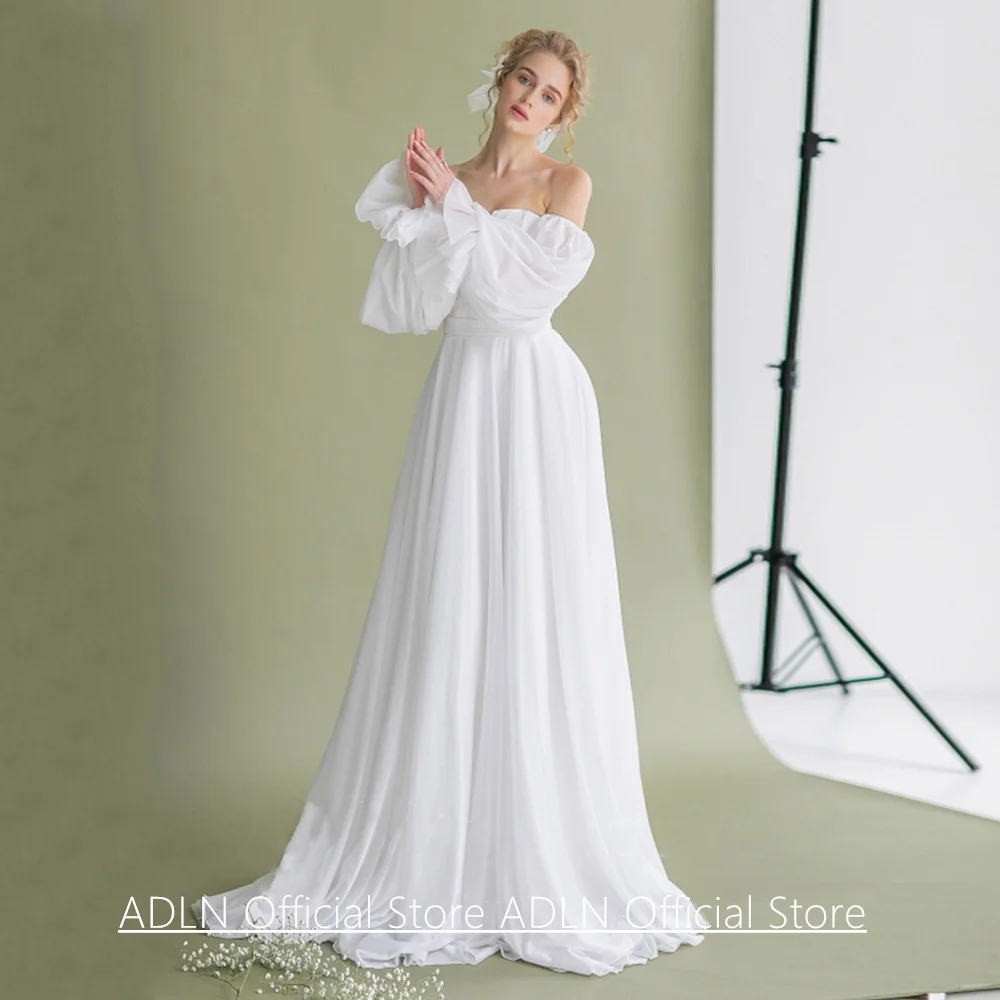 Romantic Princess Wedding Dress Customized Detachable Puff Sleeves Small V Neck Lace Chiffon Bridal Gown Robe De Mariee