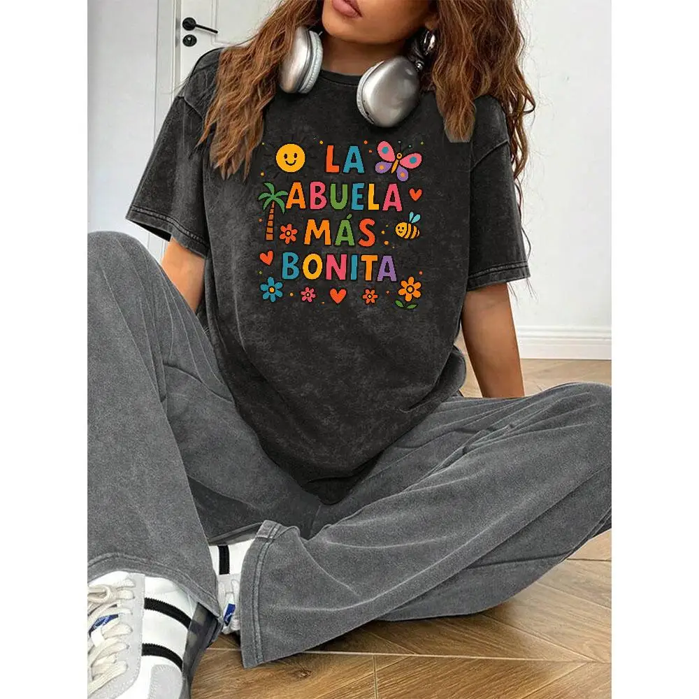 

Women Washed Oversized Abuela T-Shirt La Abuela Mas Bonita Graphic Tee Spanish Grandma Tropical Print Birthday Gift Top