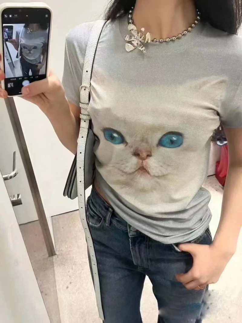 

American women's T-shirt fashionable retro simple slim fit versatile, age reducing and slimming cat print round neck top