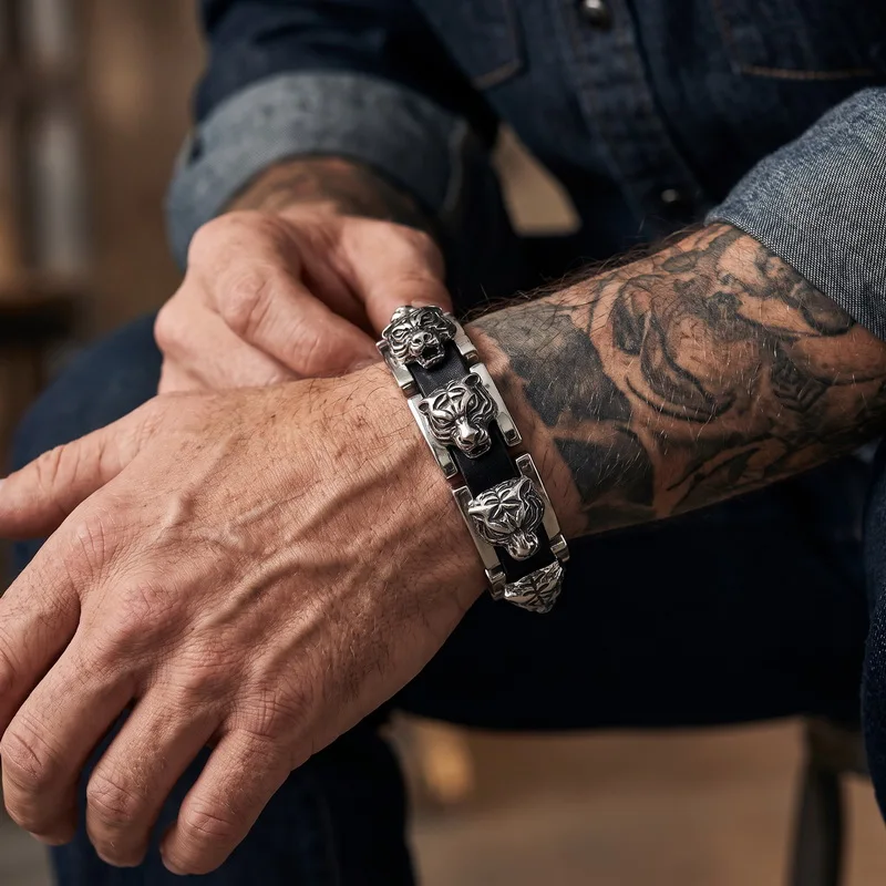 kalen Vintage Tiger Head Leather Bracelet for Men Punk Rock Stainless Steel Biker Jewelry Heavy Male Hand Accessories Gifts