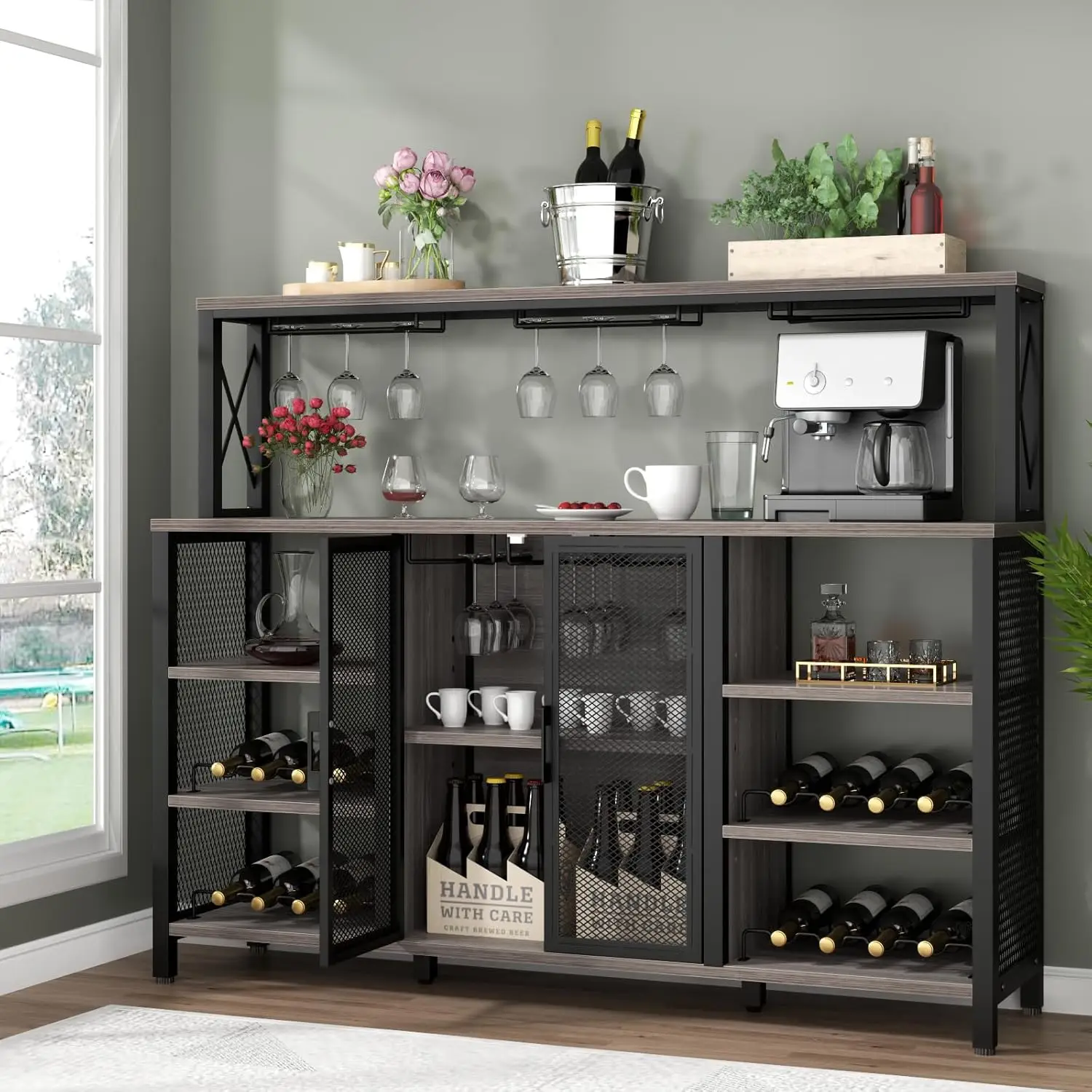 

Wine Bar Cabinet, 55 Inches Industry Coffee Bar Cabinet with Wine Rack and Glass Holder,Kitchen Sideboard with Wine Rack Storage