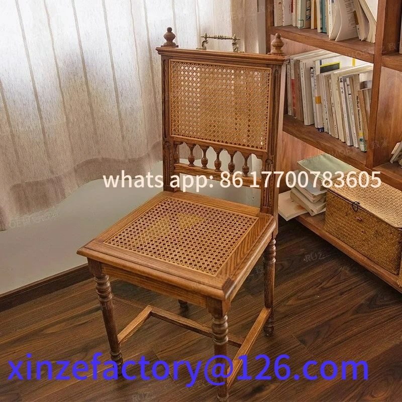 

Retro solid wood rattan chair dining chair real rattan American dressing chair rattan restaurantfurniture factory