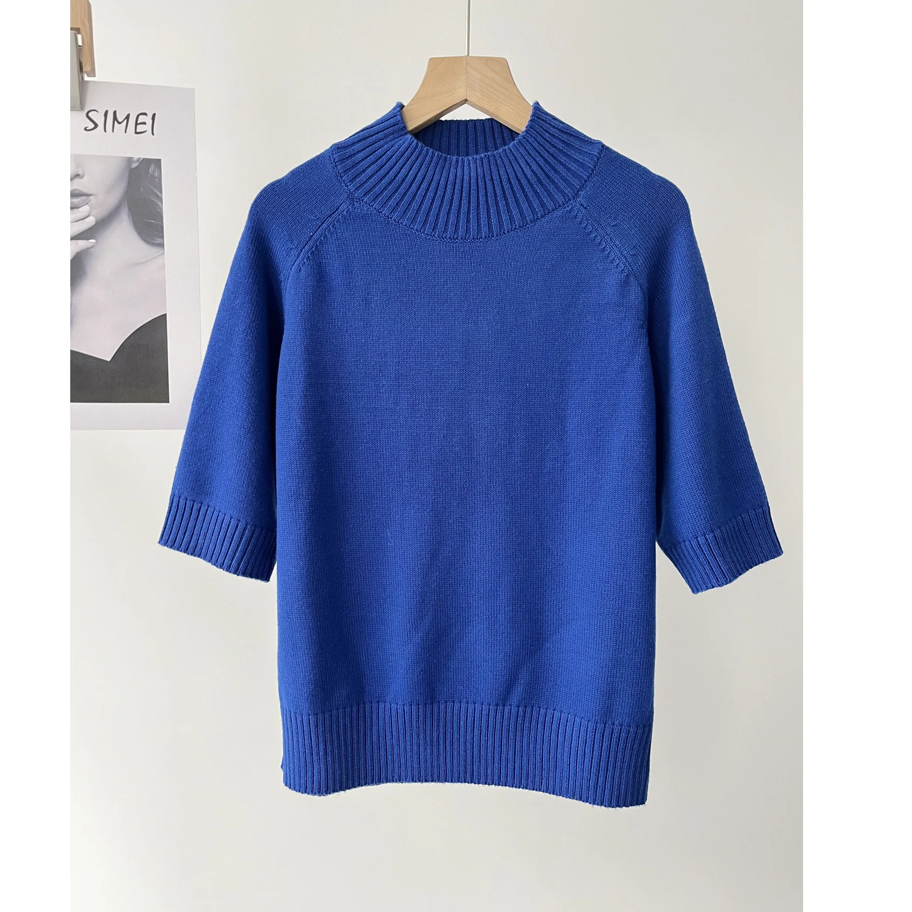 

Женский простой элегантный синий вязаный свитер с воротником-стойкой и рукавом средней длины для повседневной носки, весна 16a-2464