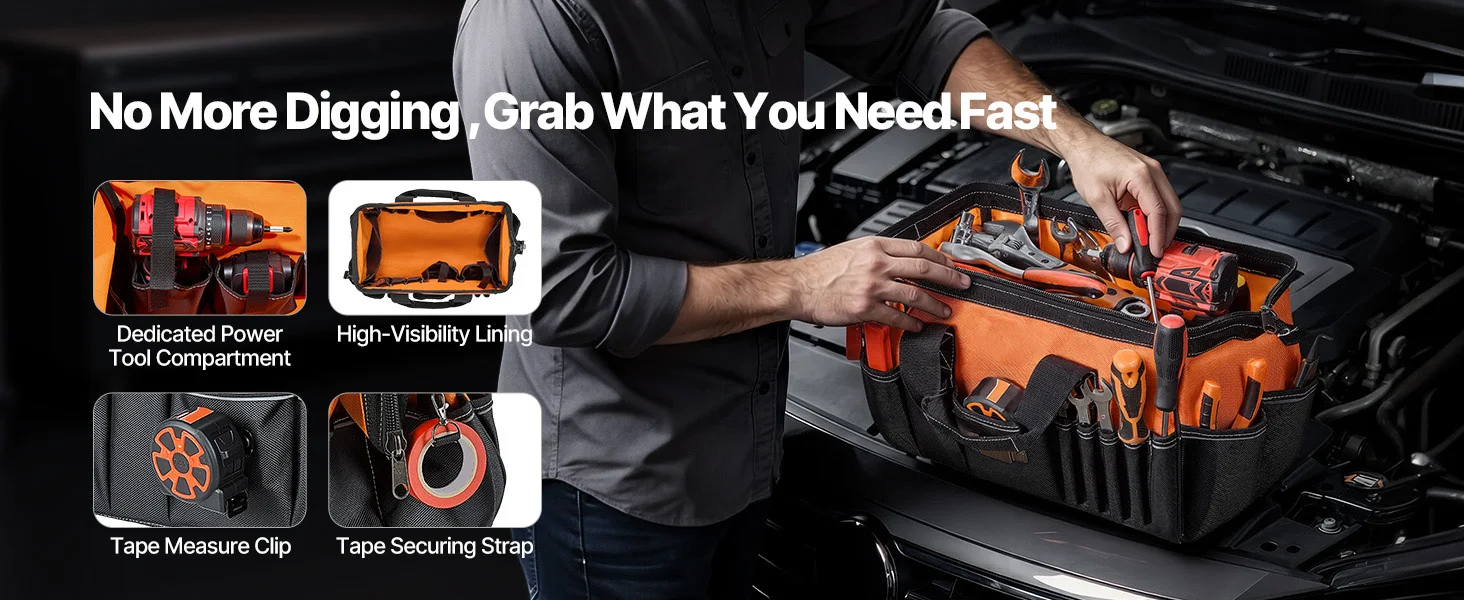SucceBuy 15.7in Tool Bag with 33 Pockets, Portable Organizer with Soft Handle, Large Zipper&Adjustable Shoulder Strap for Tools