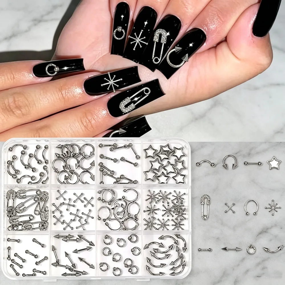 12grids Punk Studded Devil Nail Art Charms Silver Arrow Curved Round Ball Rivet Nail Decorations Alloy Rivets Y2K Nail Supplies