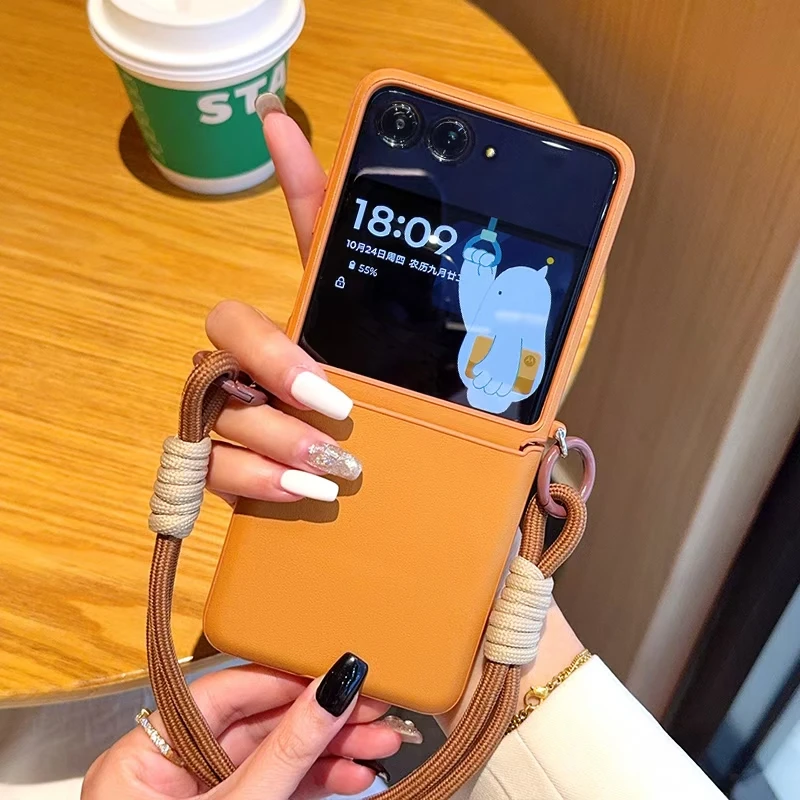 Matte Leopard Pattern PU Leather Case For Motorola RAZR 60 50 Ultra Plus RAZR2025 2024 Hinge Armor Back Cover Shell + Strap