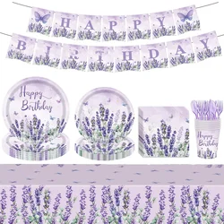 8pcs Lavender Disposable Tableware Purple Flower Butterfly Paper Plates Cups Napkins Banner Happy Girls Birthday Party Decor