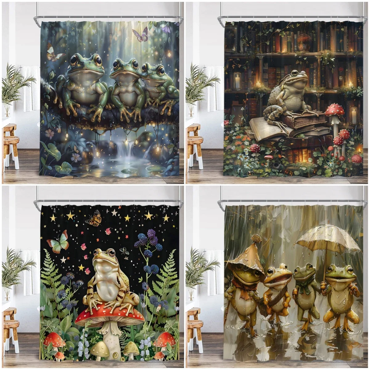 Frog Animal Print Vintage Shower Curtain Rainforest Butterfly Bookshelf Bookstack Library Starry Night Mushroom Bathroom Decor B