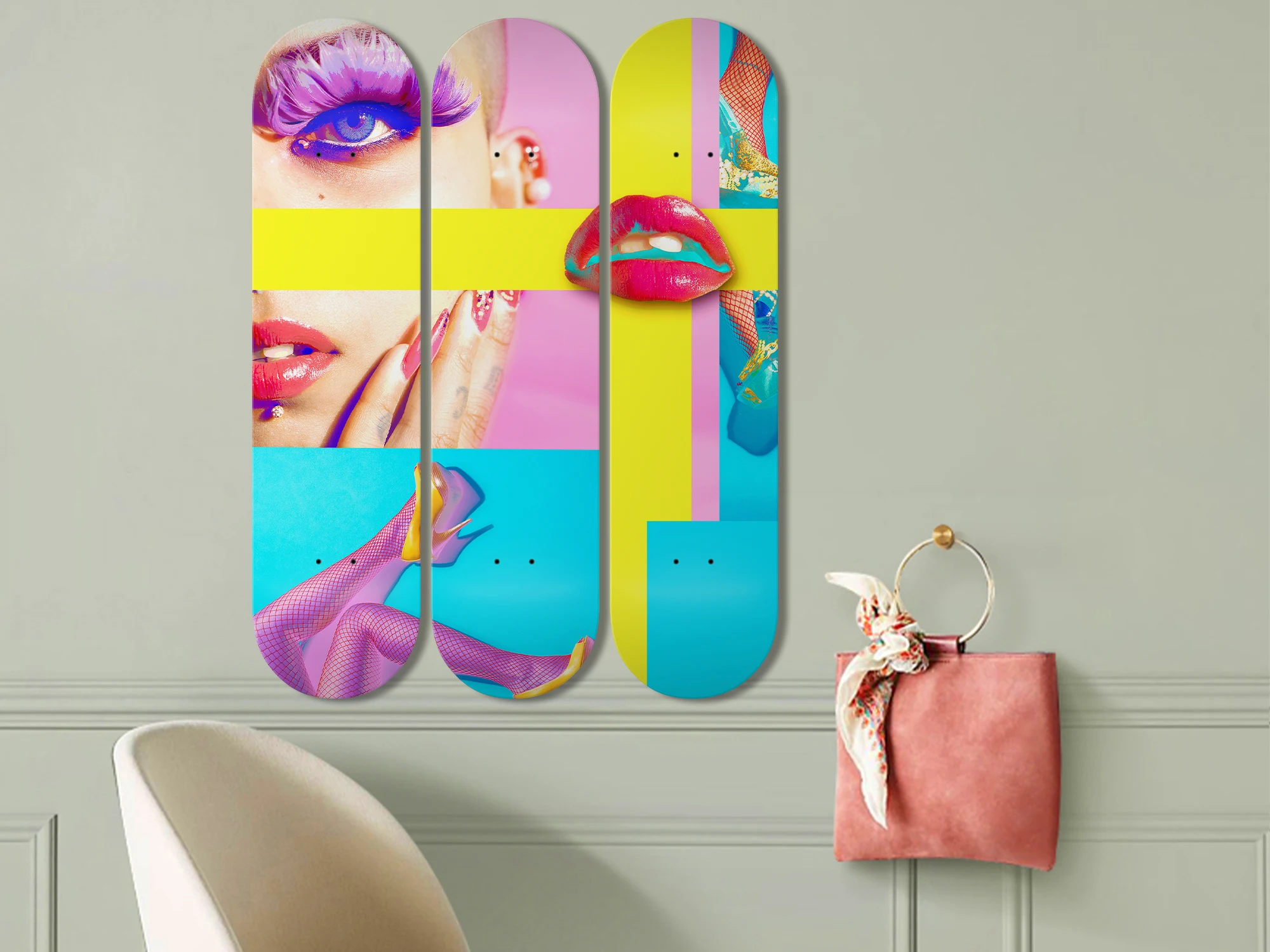 3pcs Modern Fashion Girl Skateboard Wall Mural Pop Art Pro-Grade Skate Deck Wall Plates for Bar Club Game Room Wall Decoration