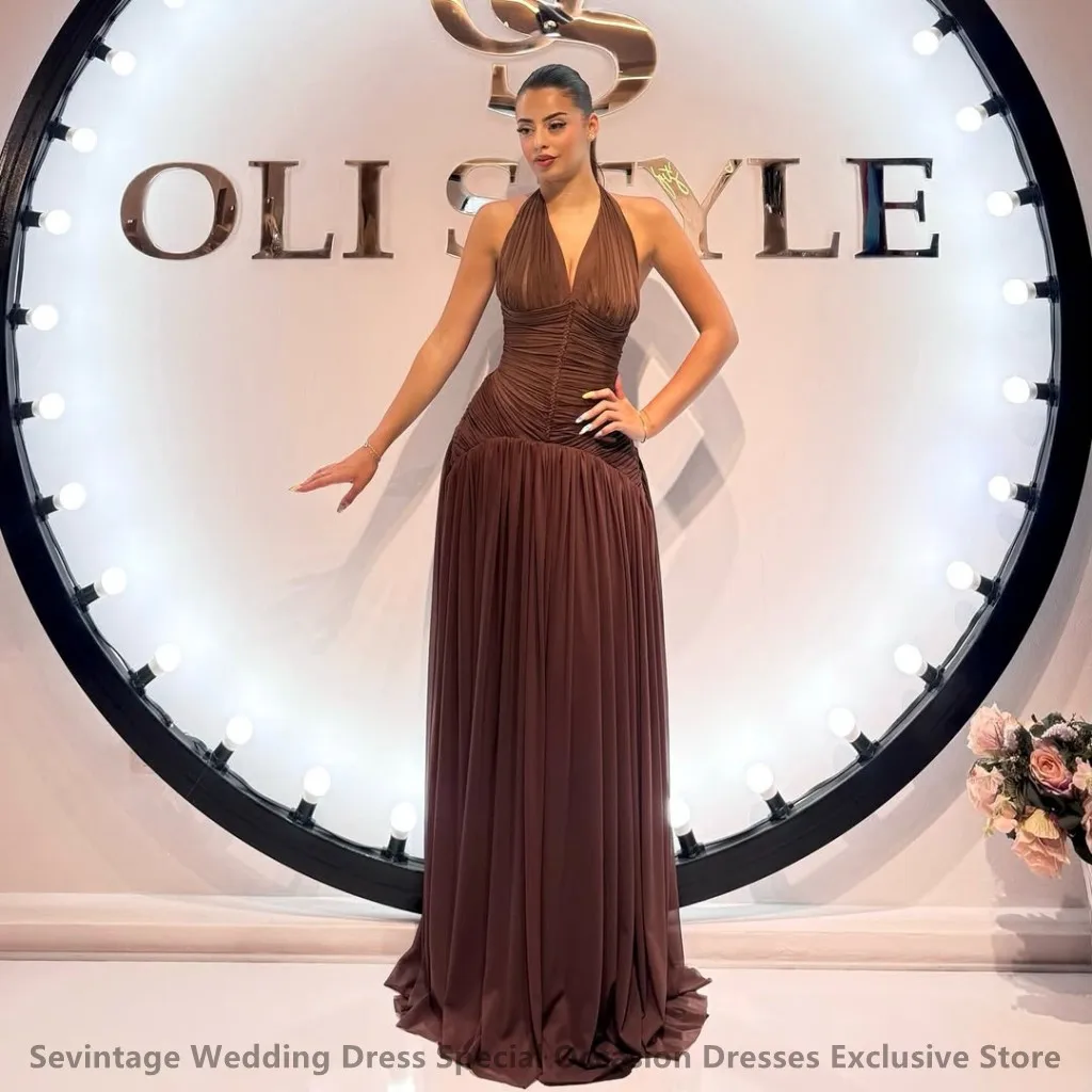 فستان سهرة طويل من الشيفون البني من Sevintage 2025 على شكل حرف A ورقبة رسن لحفلات الزفاف الرسمية للحفلات الراقصة دبي رداء السهرة #3