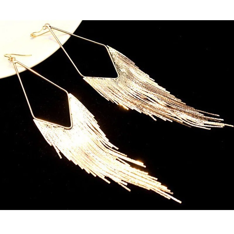 Gold Color Long Tassel Earrings Jewelry Vintage Metal Statement Fringe Earrings Charm Drop Dangle Big Earing for Women