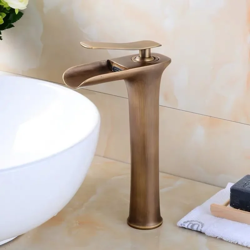 

antique Bathroom Basin Faucet Mixer Hot &Cold Brass Black and Gold Waterfall Tap Hot and Cold Sink faucet Single Lever
