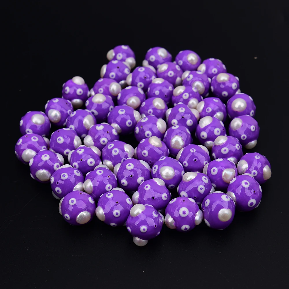 APDGG 10 Pcs 20mm Natural White Keshi Pearl Ball Shaped Purple Enamel Edged Loose Beads Jewelry DIY