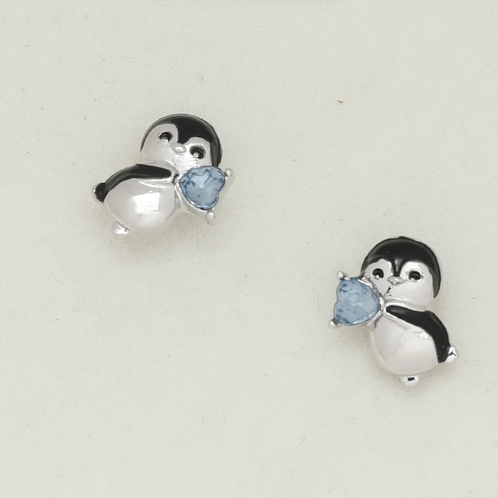 Cute Little Penguin Blue Heart Stud Earrings, Cool Party Jewelry, Valentine\'s Day Gift for Women Mom Family Friends Anniversary