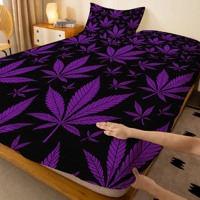 Customize A Purple Cannabis Leaf Patterned Fitted Sheet, a Standalone Deep Pocket Fitted Sheet Without Pillowcases, Made of Soft