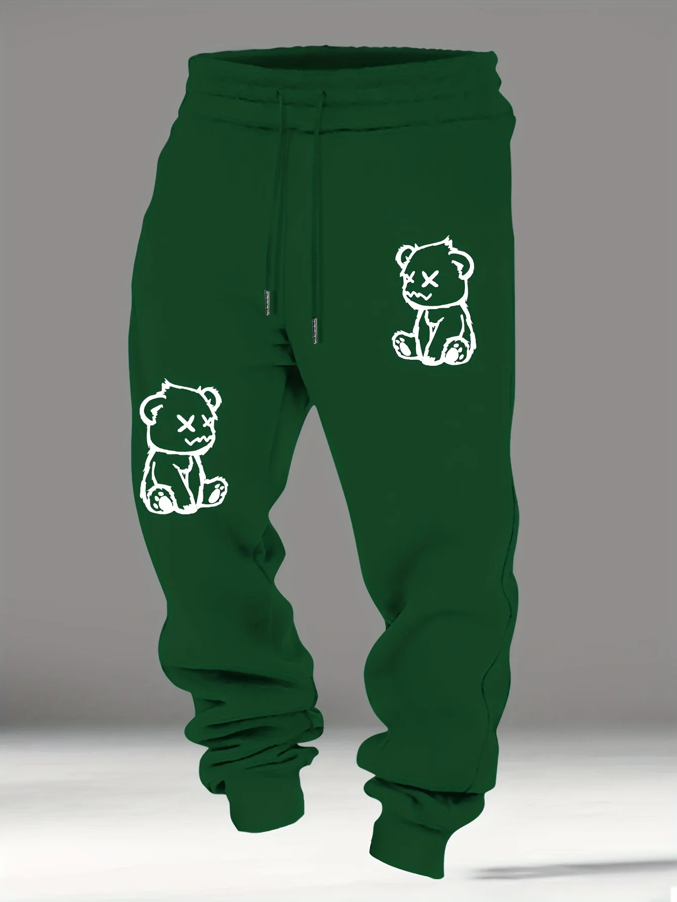 Cute sketch sad bear double‑side print graphic sweatpants for men hip hop sports street jogger trousers