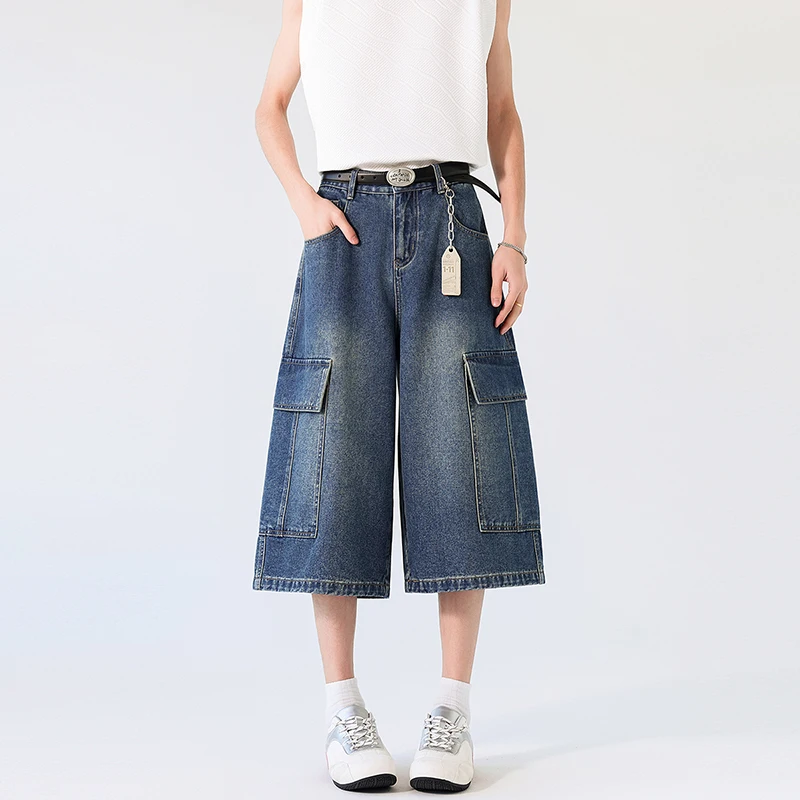 

Мужские американские джинсы-карго в стиле стритвир, свободные, широкие, укороченные, из денима, для хип-хопа, городской моды, весна-лето