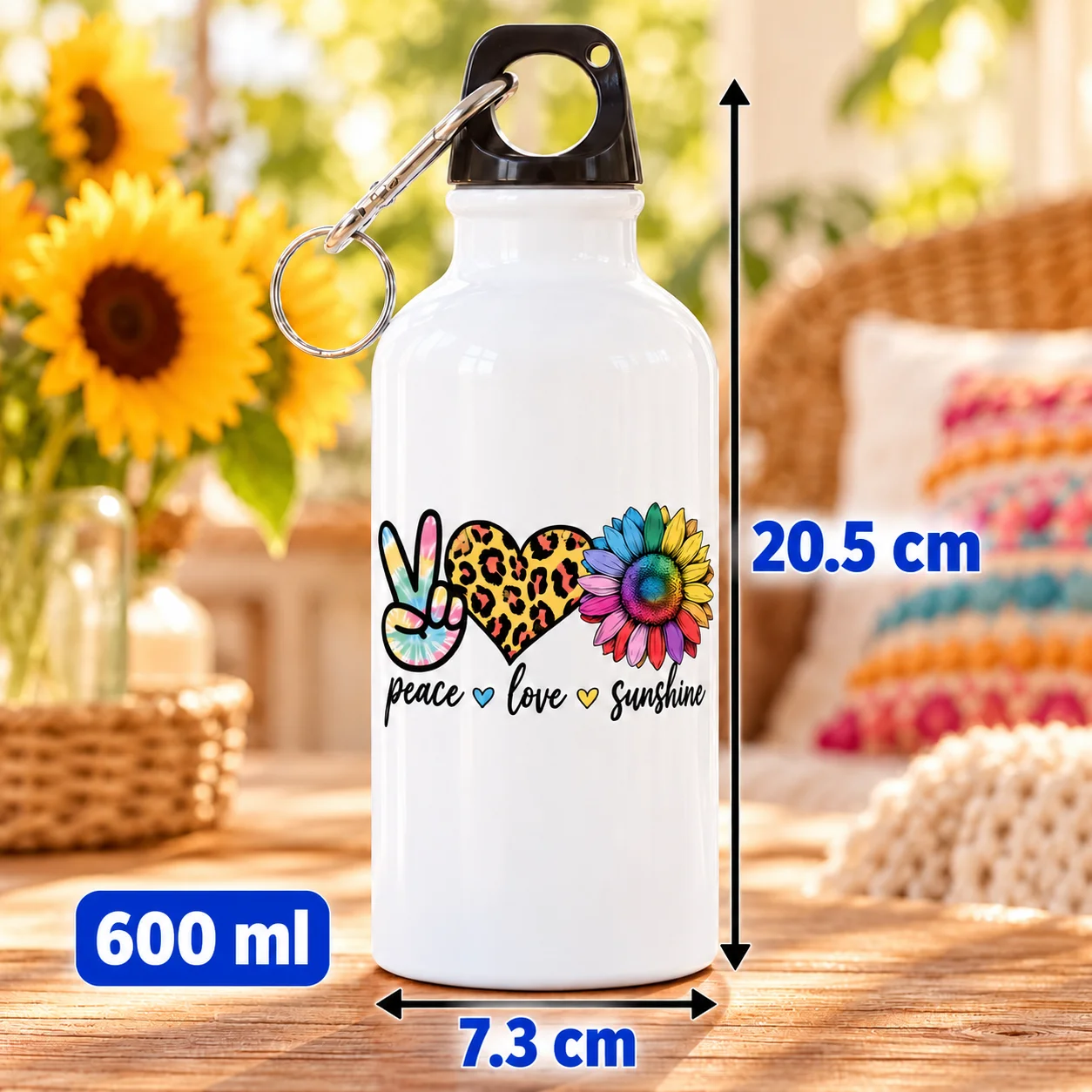 1pc Sublimation Aluminum Water Bottle, Peace Love Sunshine Print Sports Water Bottle with Carabiner, Lightweight Portable