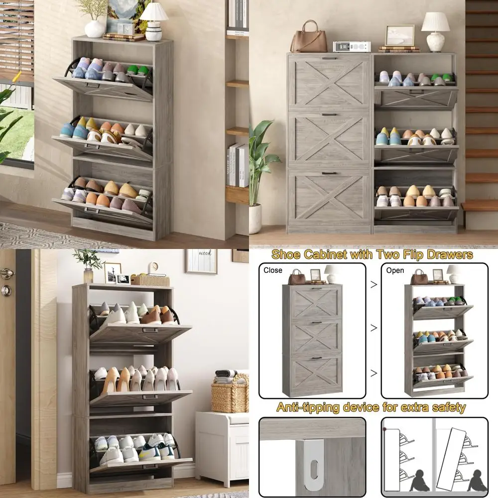 

Тонкий органайзер для обуви на 24 слота для прихожей с 3 откидными ящиками, узкой полкой для обуви, решение для хранения в стиле фермерского дома