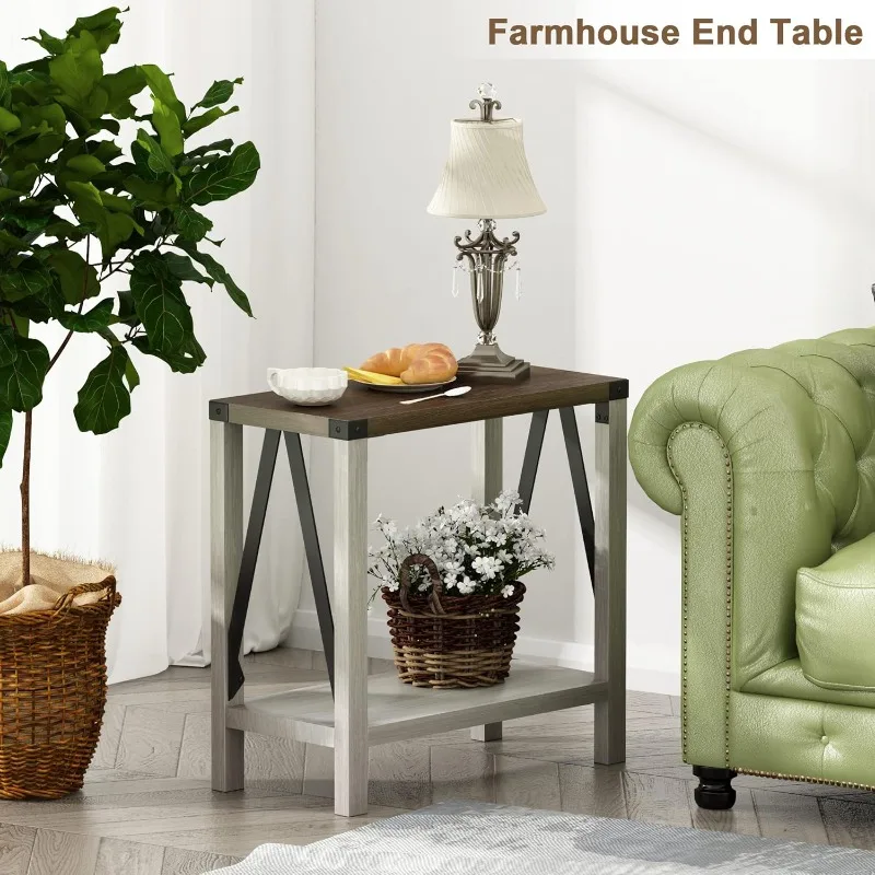 Farmhouse End Table Set Of 2, Narrow Side End Table With Storage Shelf, Rustic A-Design Nightstand Sofa Table For Livin