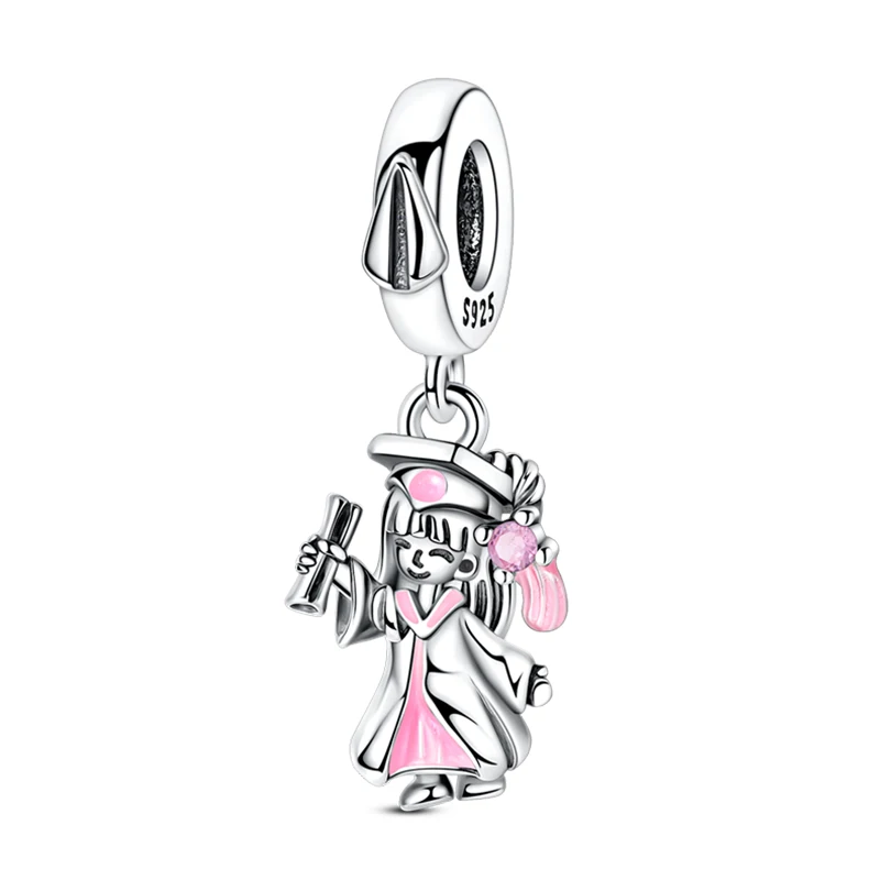 S925 Silver Color Graduation Certificate Bachelor's Hat Graduation Series Charms Beads Fit Pan Original Bracelets DIY Jewelry image 3