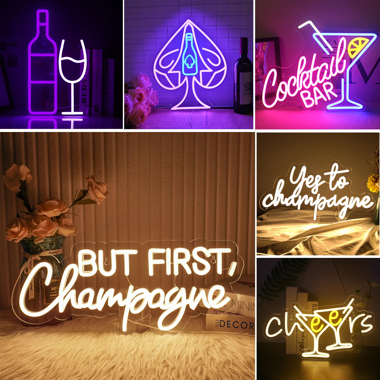 Imagem -01 - Luz de Sinal de Néon para Champagne Wall Decor Led Art Coquetel Quarto Bar Salão Arte luz de sinal de neon para champagne wall decor led art coquetel quarto bar salao arte 01