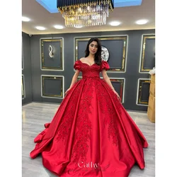 Cathy Luxury Red Lace Embroidery Wedding Dresses Off the Shoulder  فساتين سهرة Elegant Floor-length Ball Gown vestidos de fiesta