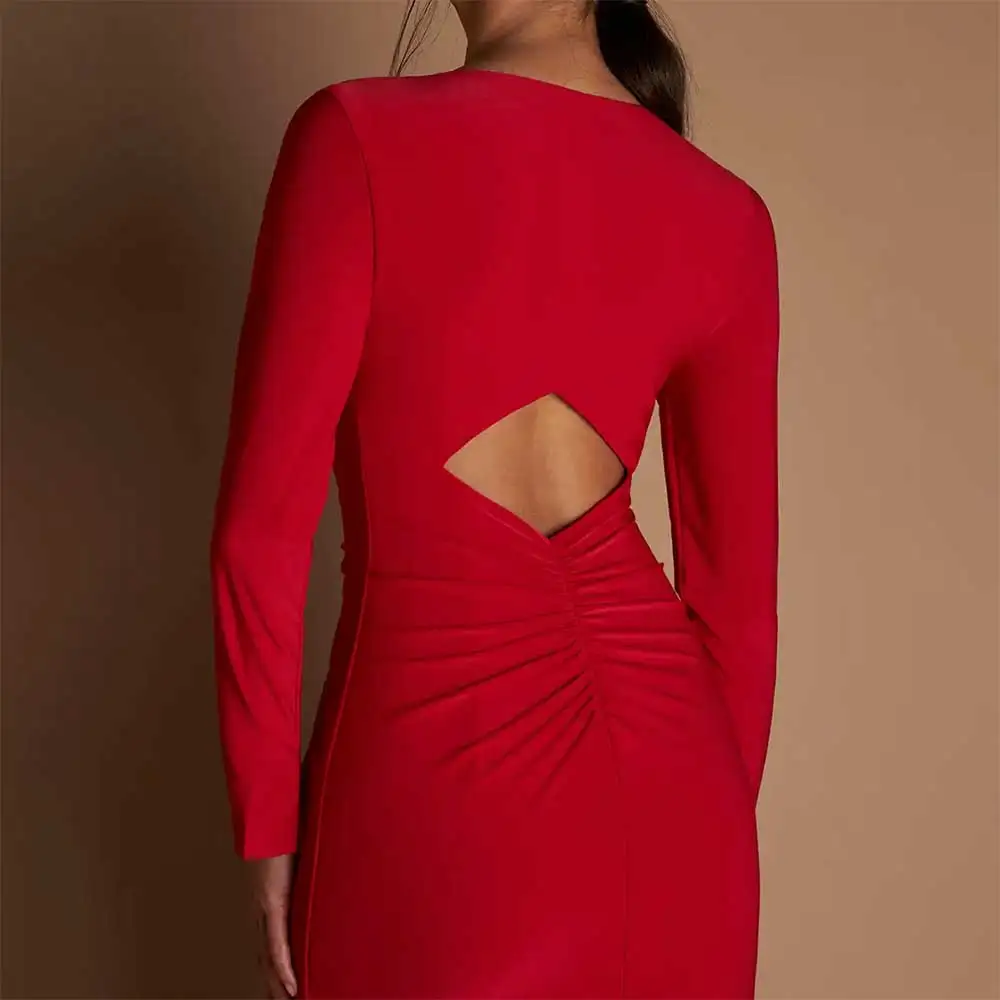 V Neck Long Sleeve Pleated Side Slit Evening Dress for Women Elegant Prom Party Dresses Formal Wedding Guest Gowns فساتين سهرة