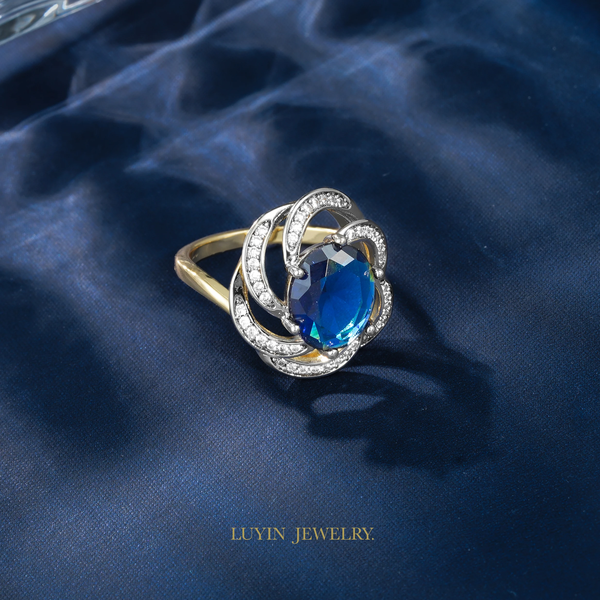 LUYIN 2025 Trending  Jewelry Set Blue Stone Earrings Ring For Women Copper Plated 14 K Gold 2 Color Daily Party Fine Accessories