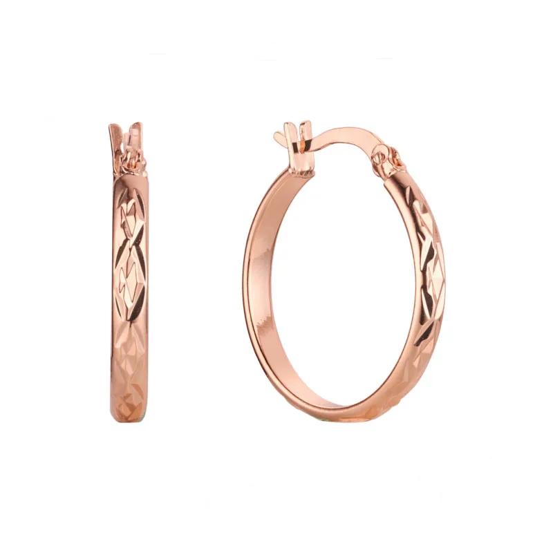 FJ  Women Smart Circle Engraving  585 Rose Gold Color Hoop Earrings