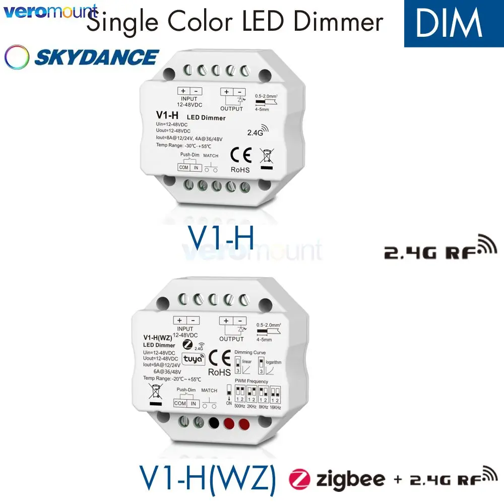 

Skydance 1CH*4A/8A 12-48VDC RF контроллер Push-Dim настенный монтаж V1-H 1CH*6A/9A ZigBee и RF CV контроллер V1-H (WZ) Приложение Tuya