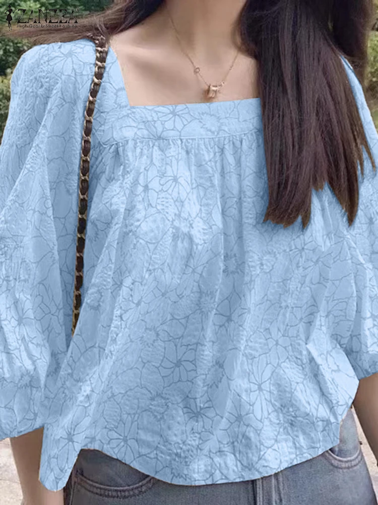 

2025 ZANZEA Women Printed Blouse Elegant Lady Office Tunic Casual Loose Square Neck Tops Oversized 3/4 Sleeve Loose Blusas