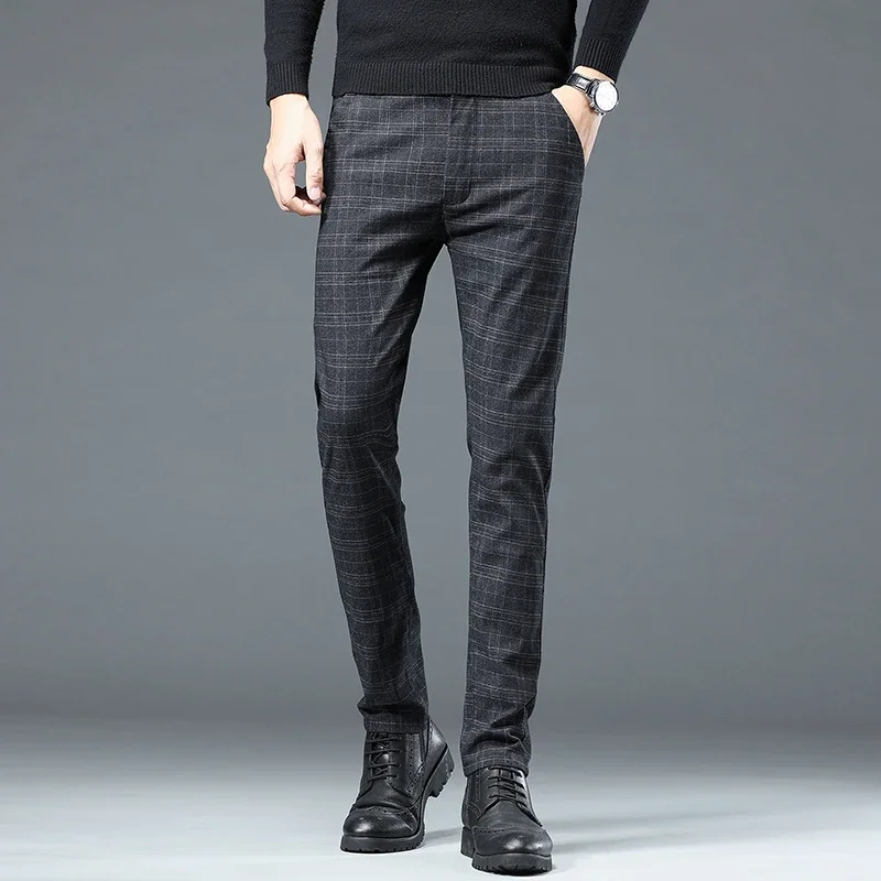 Elastic Plaid Casual Pants Men Cotton Comfortable Fashion Korean Business Trousers Classic Gray Black Suit Pants Male Clothing