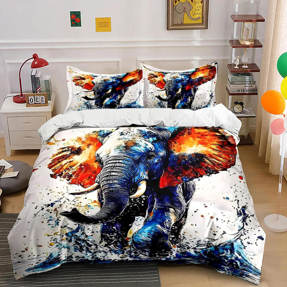 Watercolor style elephant splash Duvet Cover Set with 3D Printing Design Soft Polyester Bedding Set All-Season Comfort