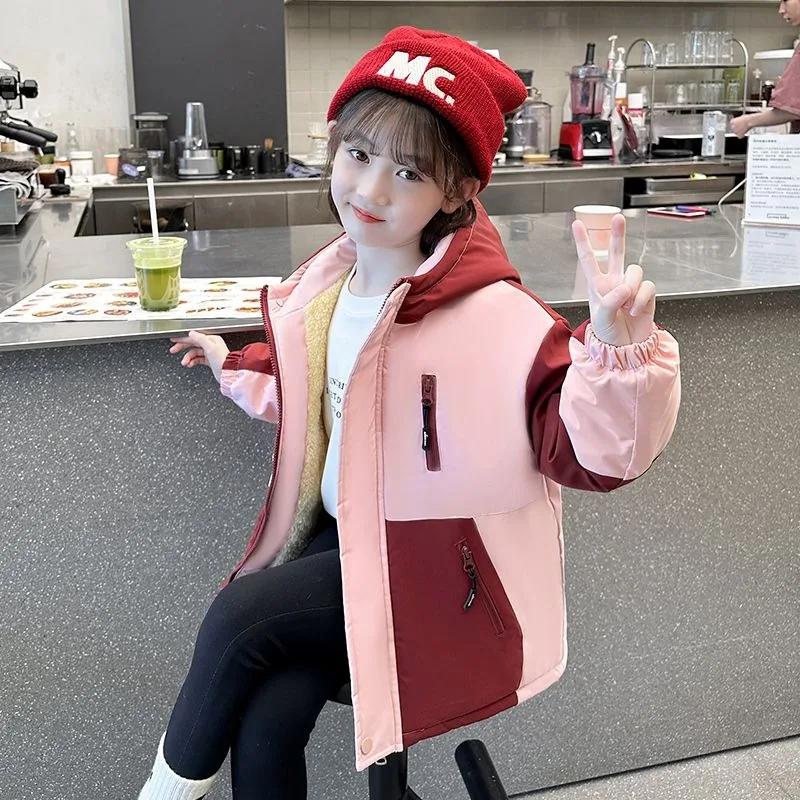

Girls' Winter Fleece-Lined Windbreaker Coat 2025 New Style Stylish Mid-Length Outerwear for Big Kids Autumn/Winter
