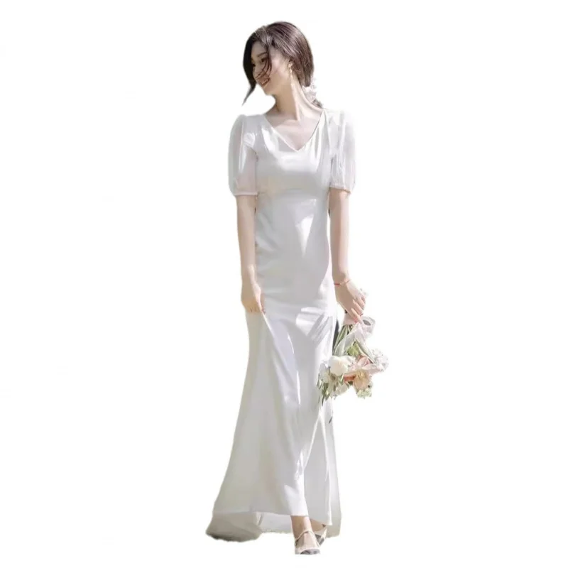 Платье во французском стиле с лицензией Свадебное атласное легкое свадебное платье Простое изящное помолвочное платье для путешествий Повседневная белая свадебная фата