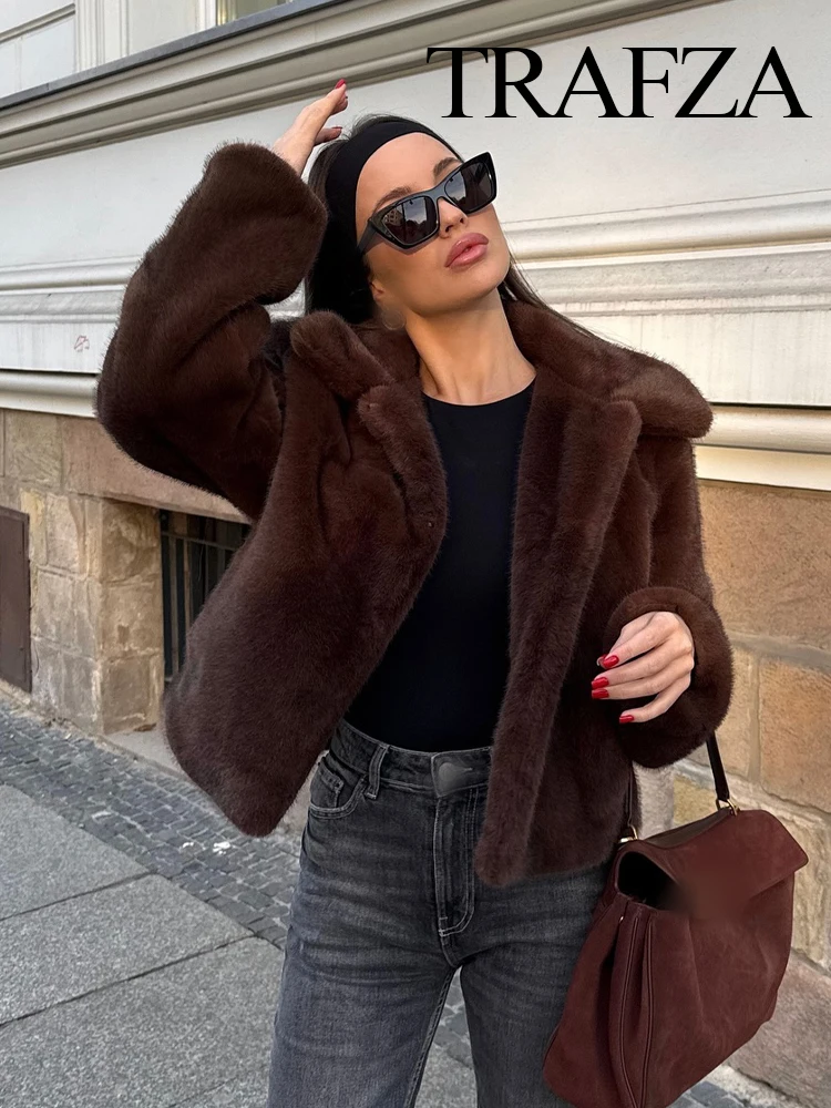 TRAFZA Frauen Winter Elegante Revers Lange Ärmel Einreiher Seitentaschen Schmücken Dünnen Mantel Frau Chic Faux Pelz Warme Jacken