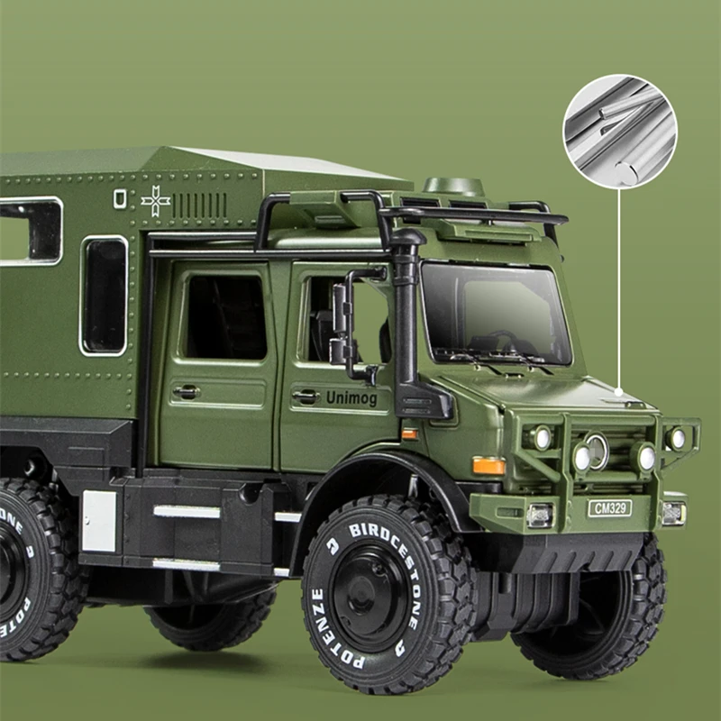 1/28 UNIMOG U4000 Motorhome Alloy Cross-country Touring Car Model Diecast Toy Off-road Vehicles Model Sound and Light Kids Gifts