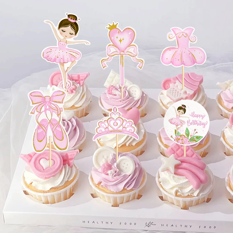 Pink Ballerina Girl Cake Topper Toppers Crown Dress Kids Happy Birthday Wedding Party Baby Shower Baking Cake Dessert DIY Decor