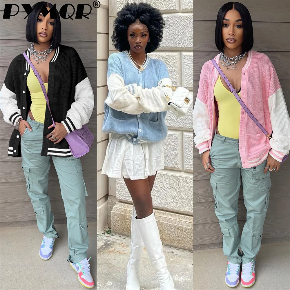 PYMQR New Woolen Baseball Jacket Y2K Print Women  Stretchy Button Cardican Coat 2023  Streetwear  Hip Hop Female Cloth