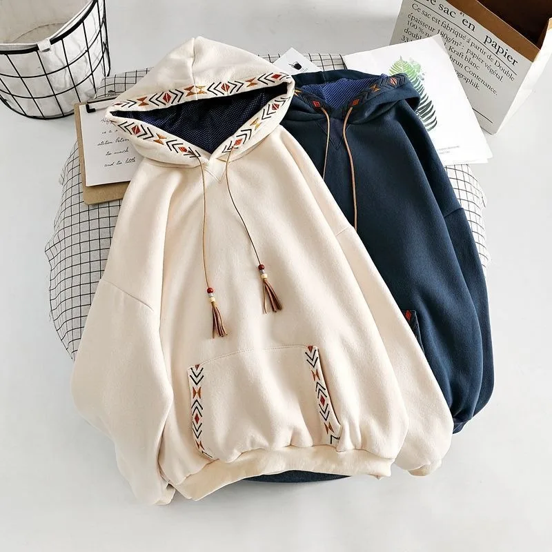 Causal Loose Pullover Hooded Sweatshirt with Drawstring Fashion Chinese Style Long Sleeve Pull Hoodies Women Oversized Jacket