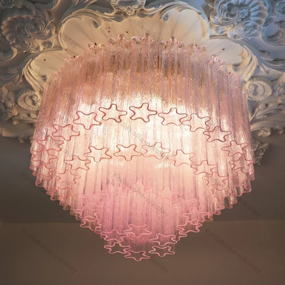 Build Our Home With Pink Blue Glass Art LED Chandelier Lighting Hanging Lamps Suspension Luminaire