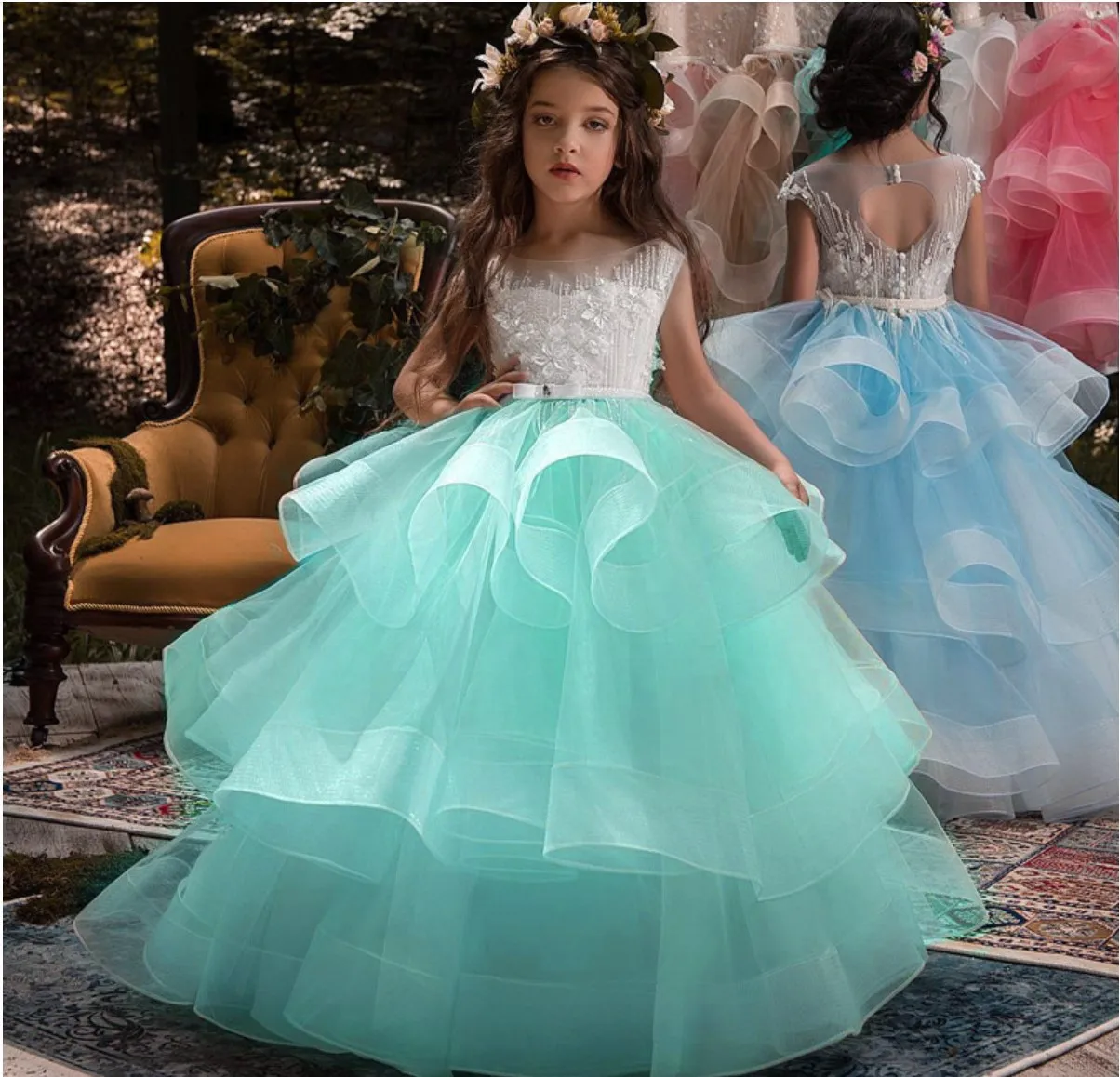 Hot Selling  Party Dress Girls 2-14 Years Mesh Flower Girl Dresses for Weddings Patchwork Ankle-Length Child Birthday Ball Gowns