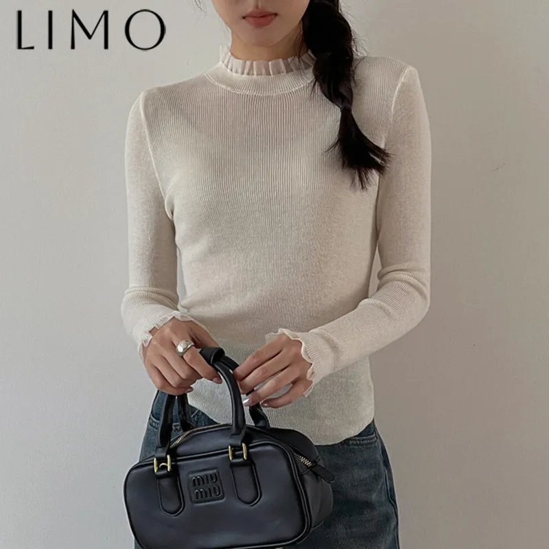 

LIMO 2025 SS Women's Vintage Lace Trim Knit Top Long Sleeve Solid Casual Chic Elegant High Quality Spring Summer Layering