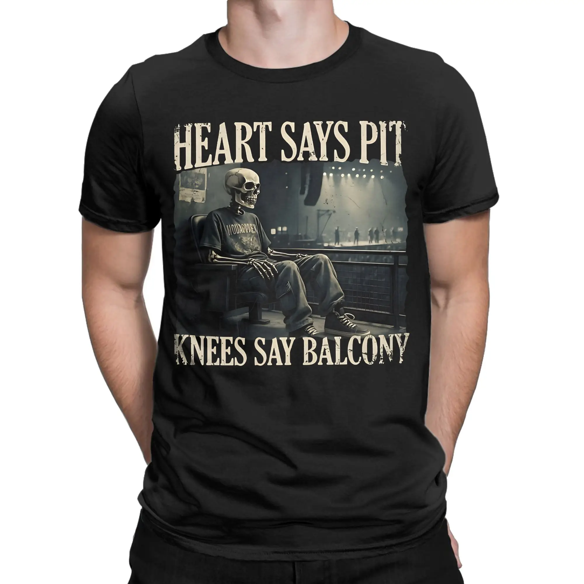 Heart Says Pit Knees Say Balcony Funny Concert Skeleton   Tshirts Men's Round Neck Short Sleeve Clothes Humor  Cotton Top Tee