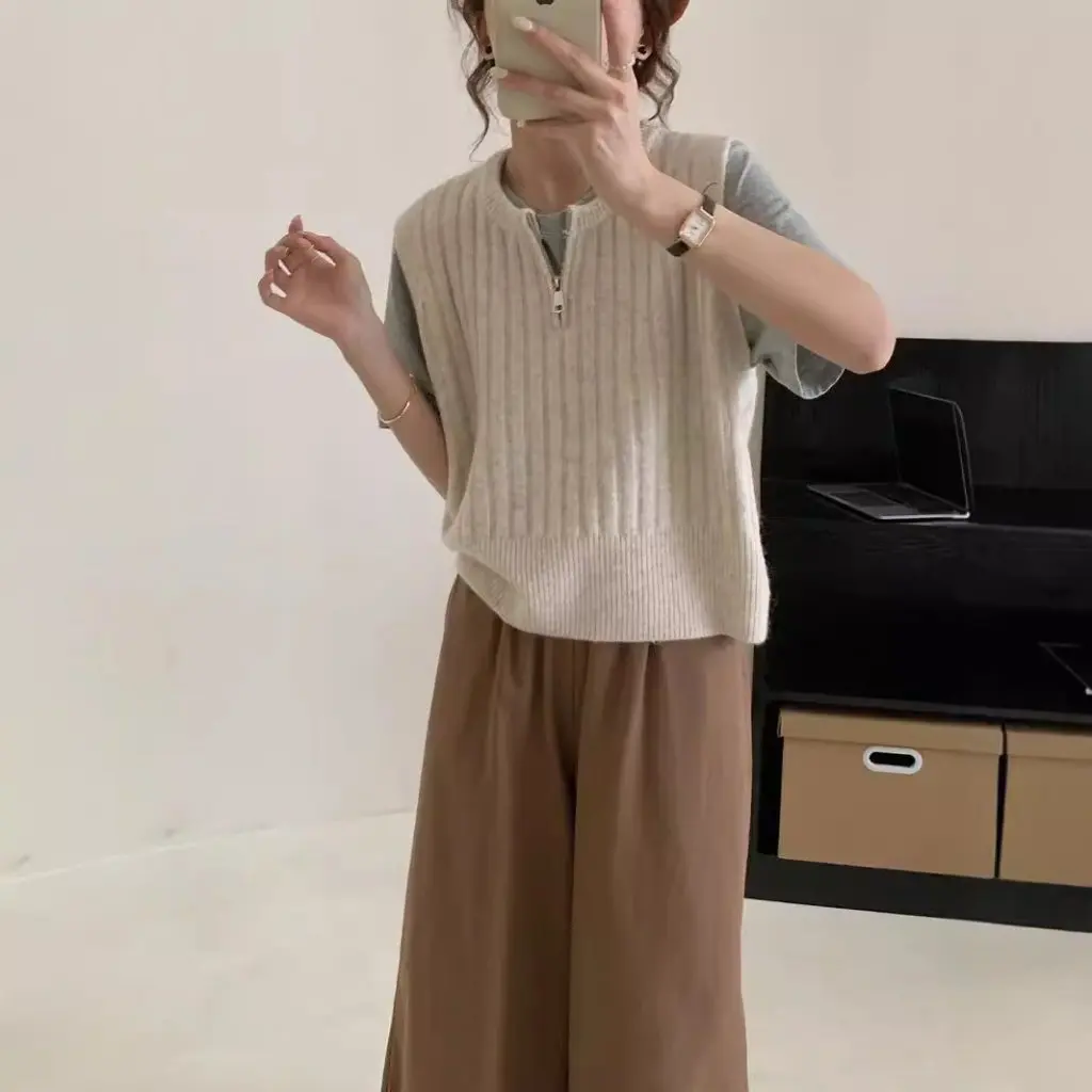 

Korean-Style Women's Sleeveless Knitted Vest Loose Slimming All-match Pit Half Zipper Wool Sweater