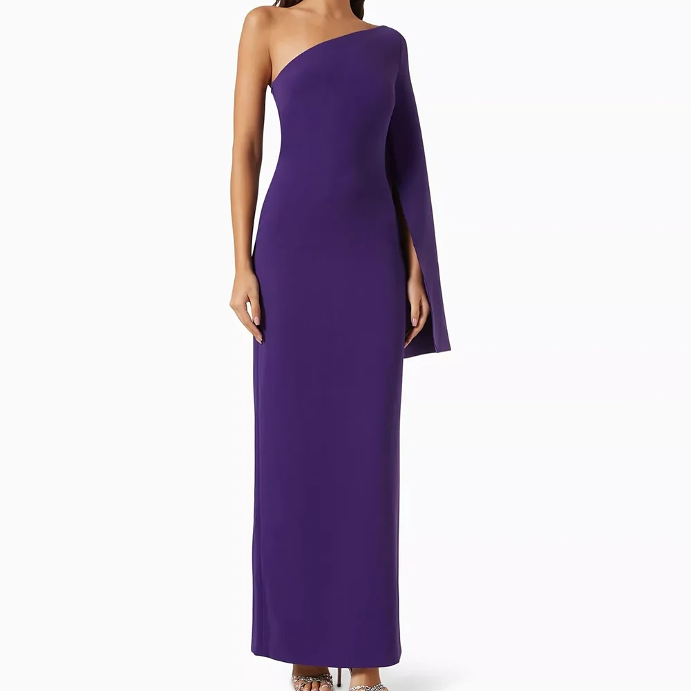 

Purple Formal Evening Dresses Customized Jersey Straight One Shoulder Elegant Wedding Guest Gowns Long Sleeves Midi Prom Dress