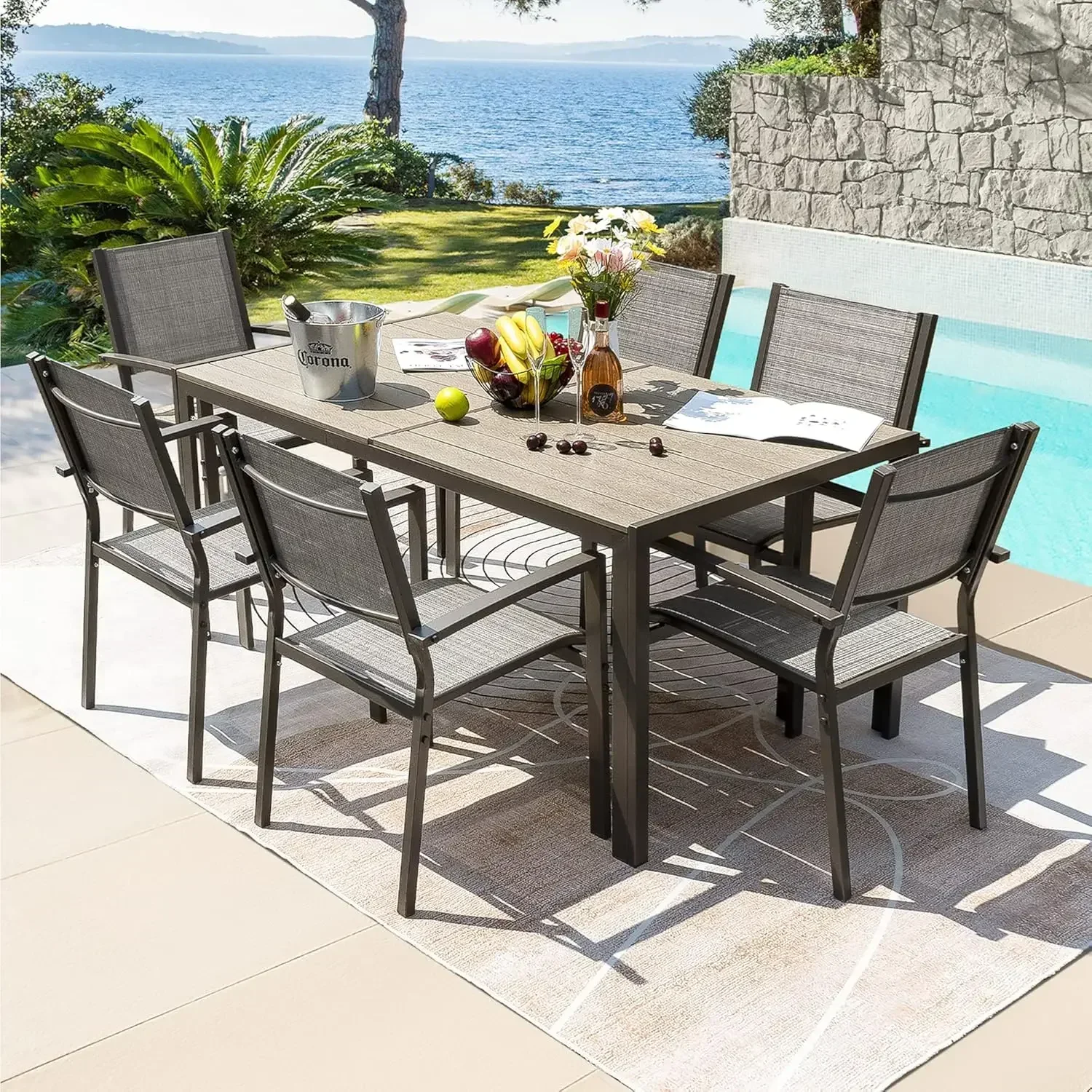 Ensemble de salle à manger d'extérieur avec table météo et 6 chaises en textilène empilables, meubles de jardin et de cour, pièce. c