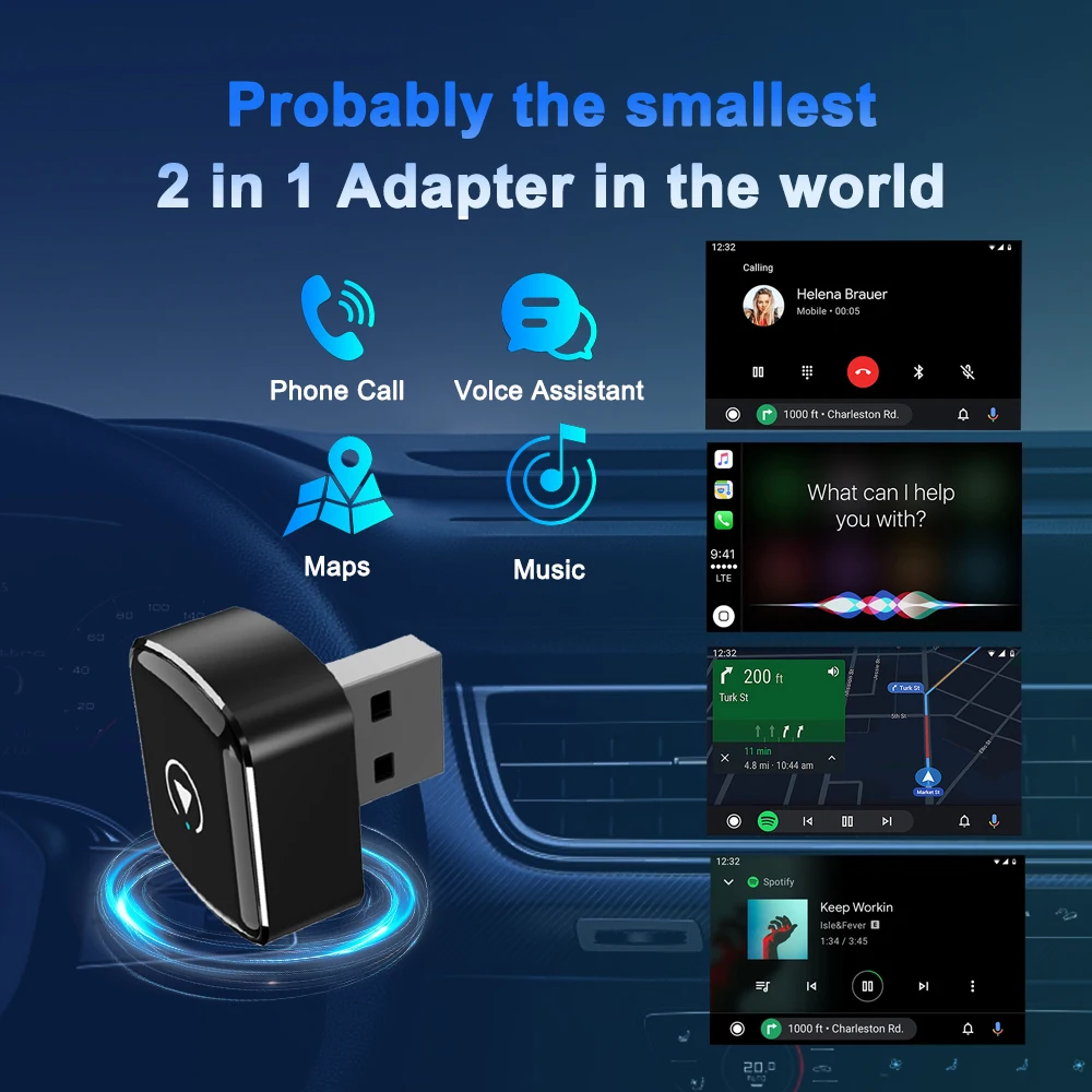 2 in 1 Car Wireless CarPlay Adapter & Android Auto Adapter Type-C/USB Fast Connection Wired to Wireless for IPhone/Android