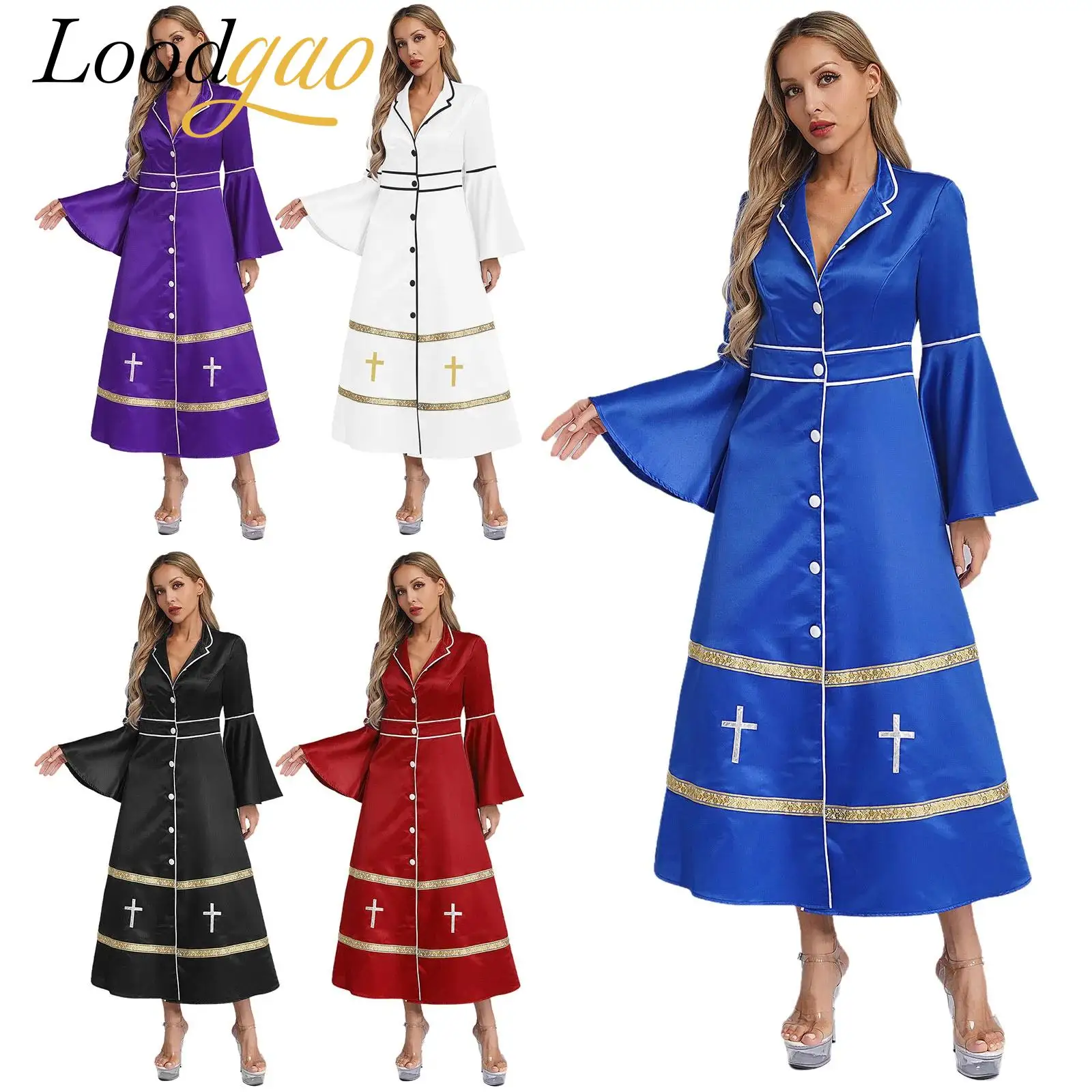 Donne Clero Ministro Pulpito Cosplay Coatume Tonaca Vestaglie Indumenti liturgici Fancy Dress Up Halloween Chiesa Pastore Vestaglie
